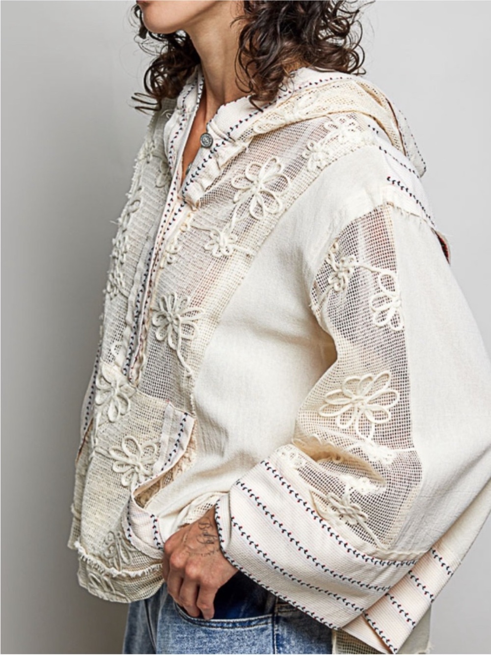 POL Natural Floral Embroidered Semi-Sheer Cotton Boho Hoodie - Picture 6 of 6